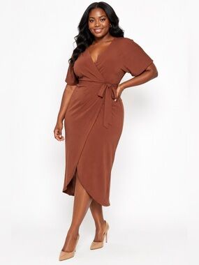Zara Brown Wrap Midi Dress Tie Waist V Neck Elbow Sleeve Size L